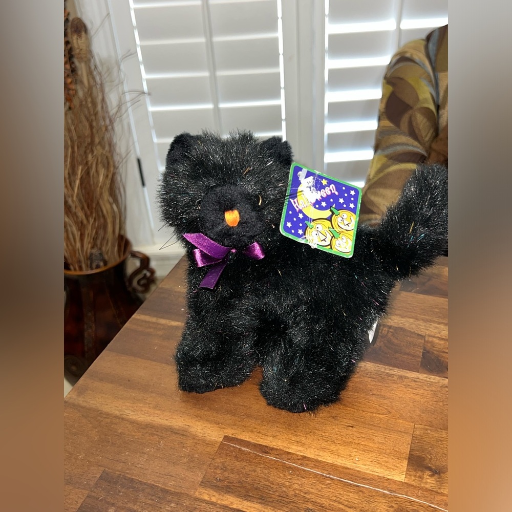 Halloween Black Cat Plush Stuffed Animal Purple Bow Rainbow Metallic Vintage